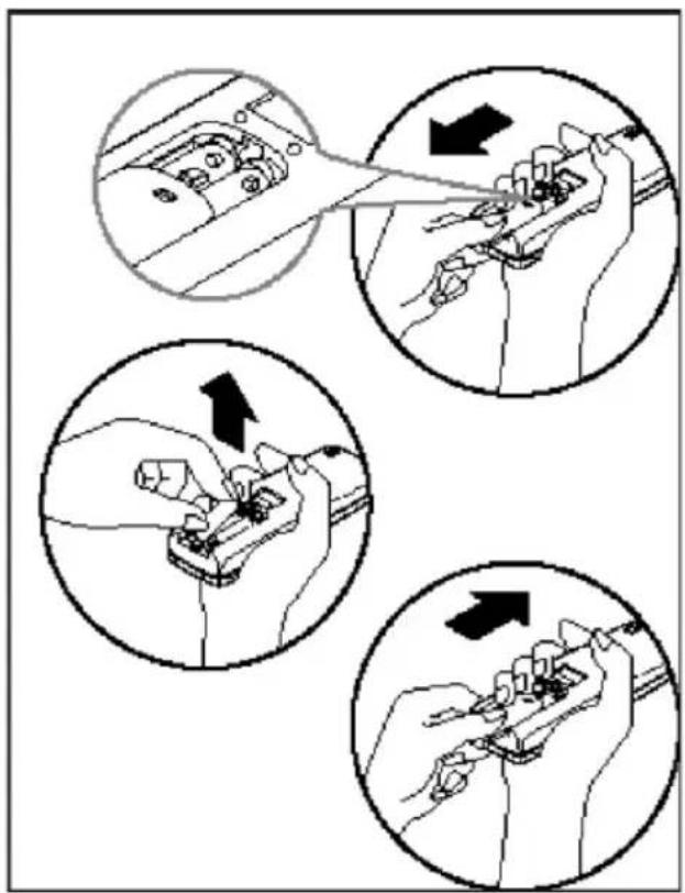 Diagram illustrating three-step tool application steps for a mechanical device, showing hand positioning and tool path changes.