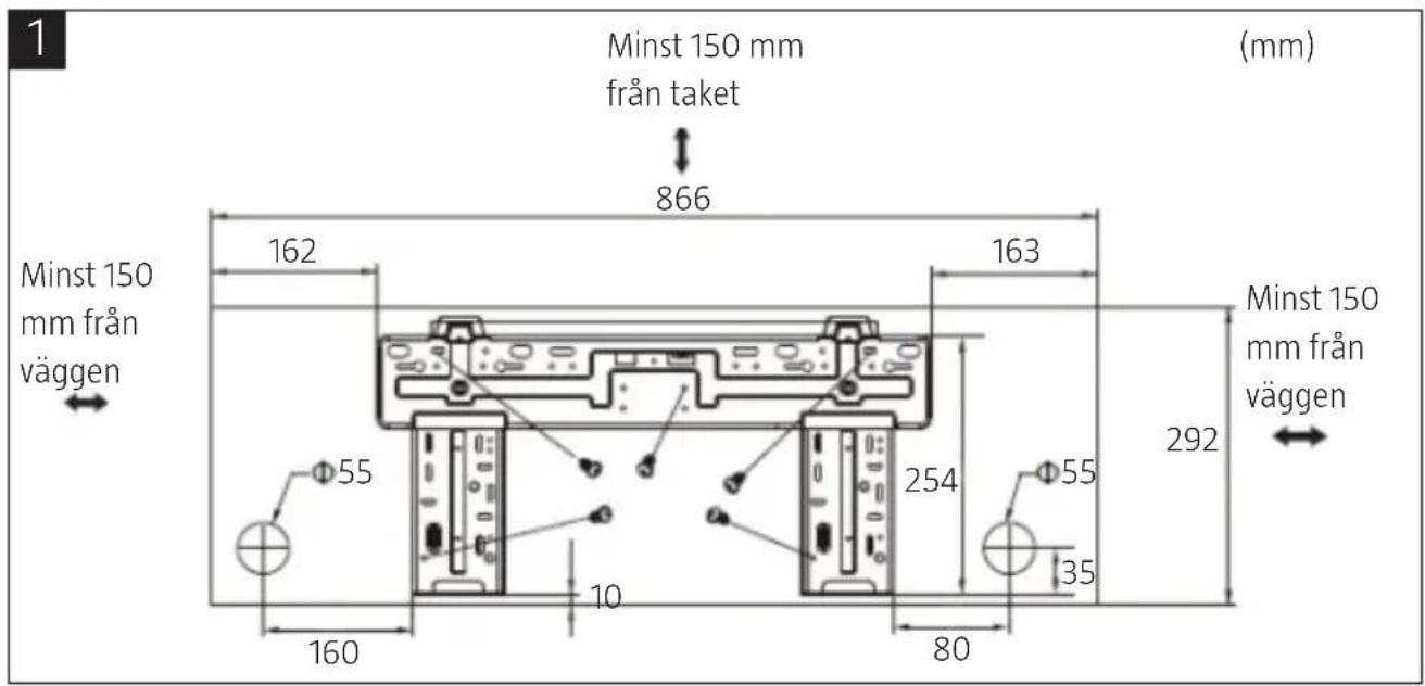 1 Minst 150 mm från taket 866 (mm) Minst 150 mm från väggen 162 163 292 Minst 150 mm från väggen Φ55 10 254 Φ55 35 160 80