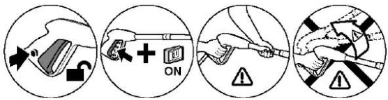 Four-step safety warning illustration showing hand holding lock, plus ON symbol, and warning symbols for using a tool.