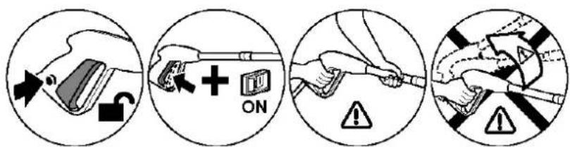 Four-step safety warning illustration showing hand holding device, lock, plus button, and warning symbols