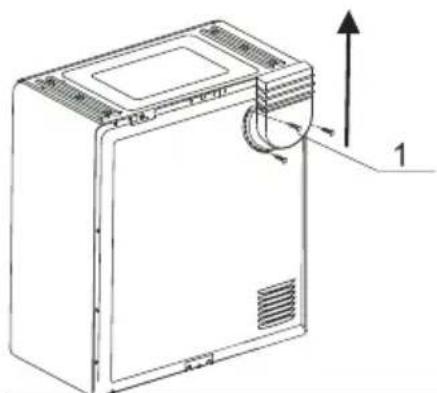 Technical diagram of a microwave oven with labeled components and directional arrows indicating flow or movement.