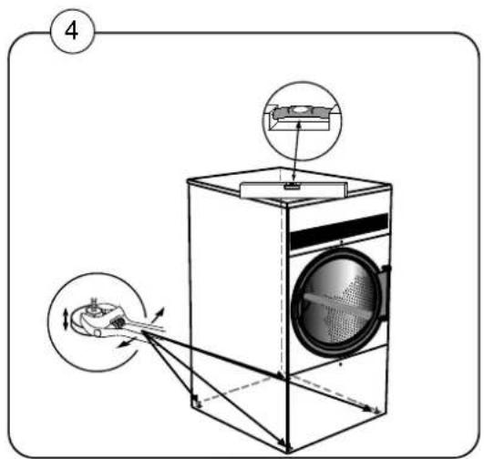 Diagram of a washing machine with labeled components and directional arrows indicating motion or assembly.