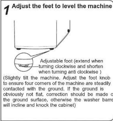 1 Adjust the feet to level the machine Adjustable foot (extend when turning clockwise and shorten when turning anti clockwise ) (Slightly tilt the machine. Adjust the foot knob to ensure four corners of the machine are steadily contacted with the ground. If the ground is obviously not flat, correction should be made o the ground surface, otherwise the washer barrel will incline and knock the cabinet)