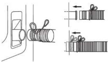 Technical diagram showing mechanical assembly steps with labeled components and directional arrows