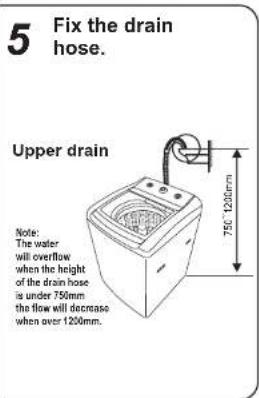 5 Fix the drain hose. Upper drain Note: The water will overflow when the height of the drain hose is under 750mm the flow will decrease when over 1200mm.