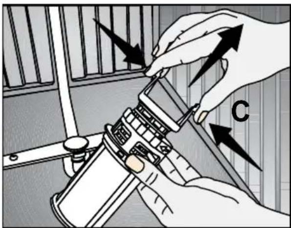 Diagram showing hand positioning a device with arrows indicating movement, labeled 'C' in the corner.