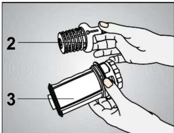 Diagram showing two hands holding a battery and a spring-loaded component, labeled with parts 2 and 3.