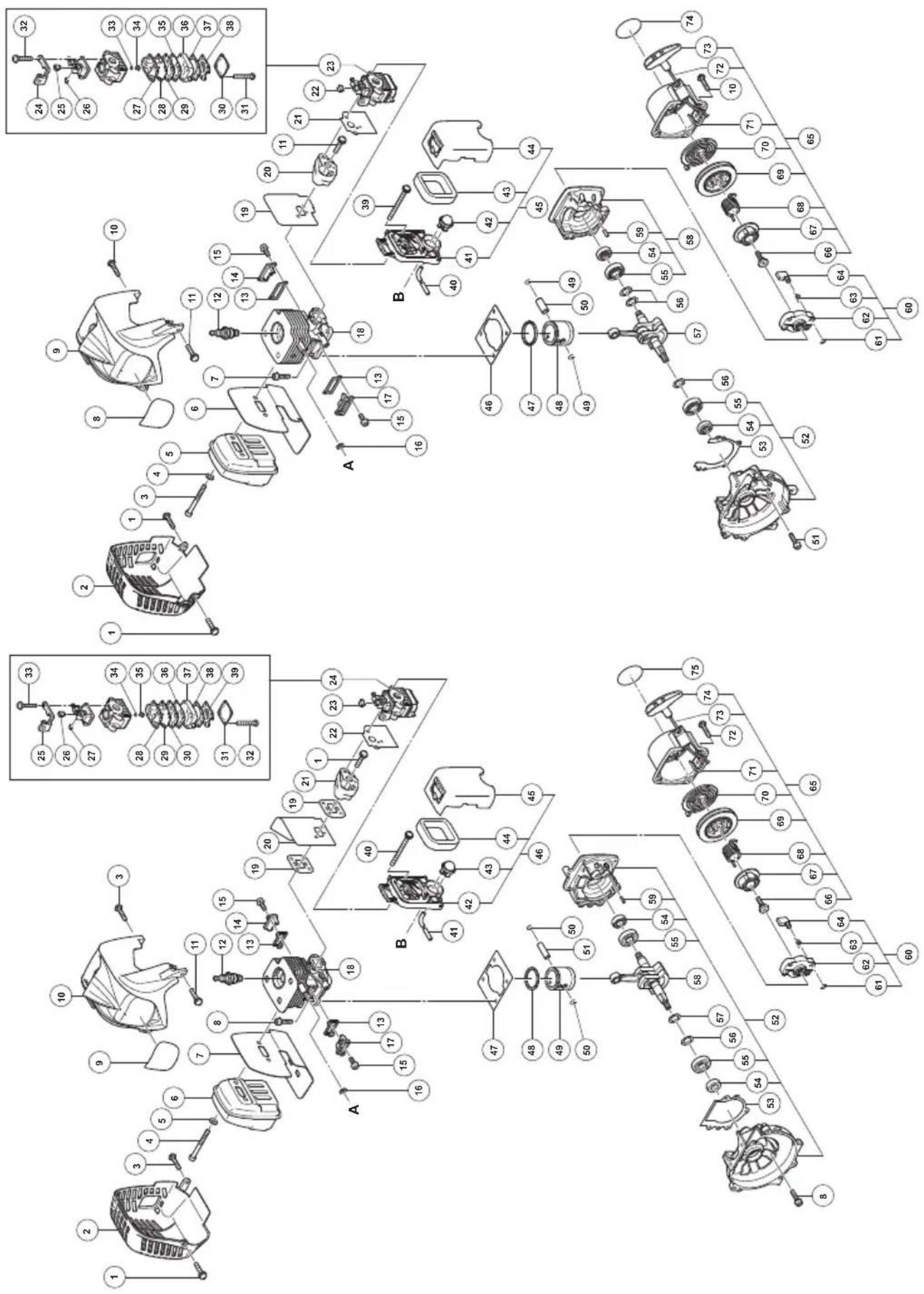 Exploded view diagram of a mechanical assembly with numbered components and exploded views A and B