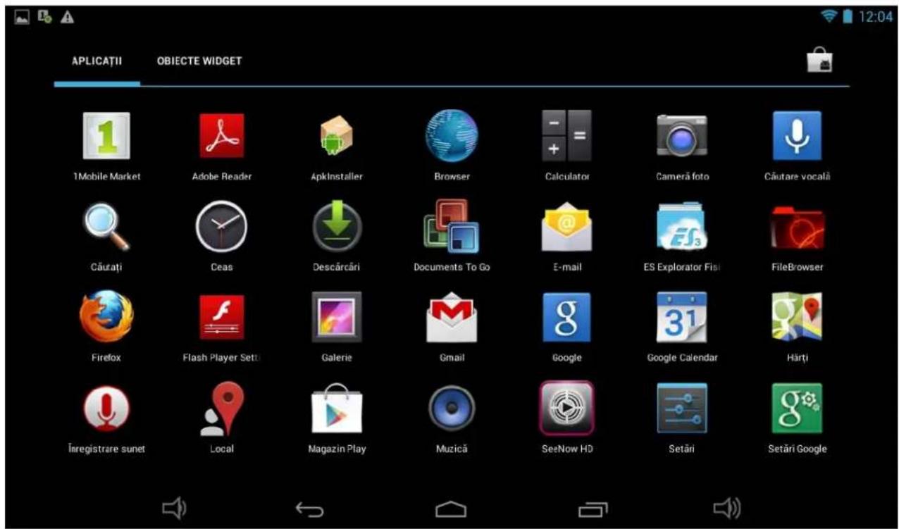 APLICATII OBJECTE WIDGET 1Mobile Market Adobe Reader ApkInstaller Browser Calculator Cameră foto Căutare vocală Căutăți Ceas Descărcări Documents To Go E-mail ES Explorator Fisi FileBrowser Firefox Flash Player Setti Galerie Gmail Google Google Calendar Hărți Înregistrare sunet Local Magazin Play Muzică SeeNow HD Setări Setări Google