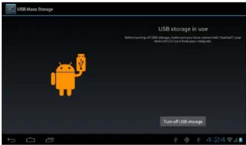 USB Mass Storage USB storage in use Before turning off USB storage, make sure you have unmounted ("expected") your Android's SD card from your computer. Turn off USB storage