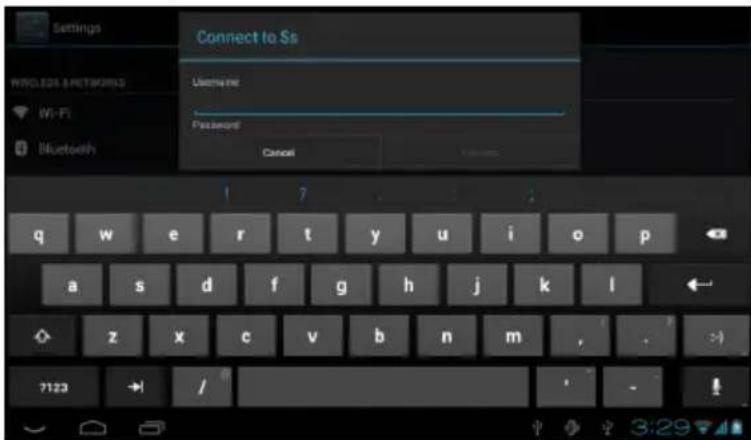 Settings PRODUTS & PNETKIRAS Wi-Fi Bluetooth Connect to Ss Username Password Cancel q w e r t y u i o p a s d f g h j k l z x c v b n m 7123 / 3:29