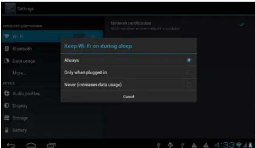 Settings Wireless & NETWORKS Wi-Fi Bluetooth Data usage More... REVE Audio profiles Display Storage Battery Network notification Notify non effect on open network or available Keep Wi-Fi on during sleep Always Only when plugged in Never (increases data usage) Cancel