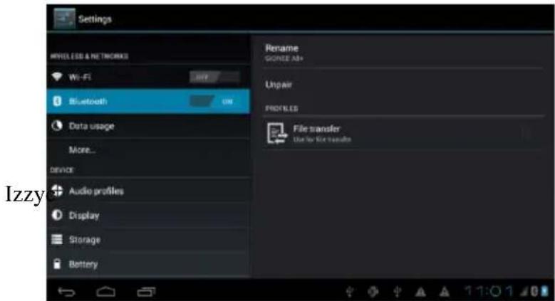Settings WHEELS & NETWORKS Wi-Fi Bluetooth Data usage More... Device Audio profiles Display Storage Battery Rename GONEE AB+ Unpair PROFILES File transfer Use for Kire users Izzy