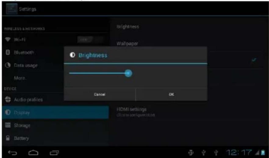 Settings Wireless & NETWORKS Wi-Fi Bluetooth Data usage More. DEVICE Audio profiles Display Storage Battery Brightness Wallpaper Brightness Cancel OK HDMI settings Close to configure location 12:17