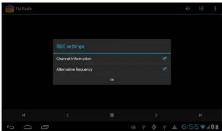 FM Radio RDS settings Channel Information Alternative frequency OK