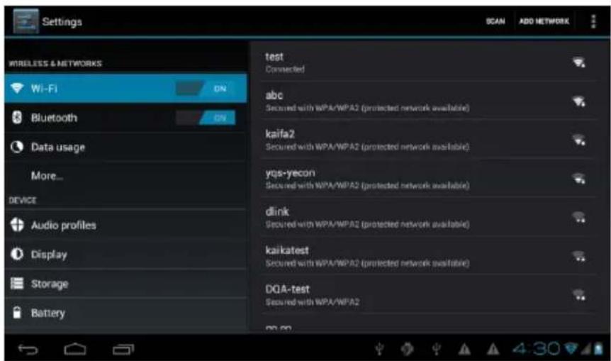 Settings WIRELESS & NETWORKS Wi-Fi Bluetooth Data usage More... DEVICE Audio profiles Display Storage Battery test Connected abc Secured with WPA/WPA2 (protected network available) kaifa2 Secured with WPA/WPA2 (protected network available) yqs-yecon Secured with WPA/WPA2 (protected network available…