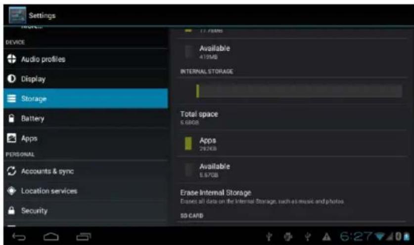 Settings DEVICE Audio profiles Display Storage Battery Apps PERSONAL Accounts & sync Location services Security Available 419MB INTERNAL STORAGE Total space 5.68GB Apps 282KB Available 5.67GB Erase Internal Storage Eases all data on the Internal Storage, such as music and photos 50 CARD