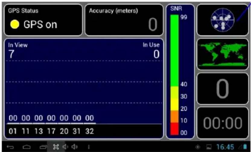 GPS Status ● GPS on Accuracy (meters) 0 In View 7 In Use 0 00 00 00 00 00 00 00 00 01 11 13 17 20 31 32 SNR 99 40 30 20 10 00 0 00:00 16:45