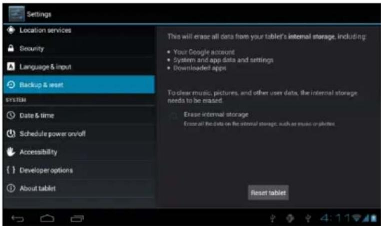Settings Location services Security Language & input Backup & reset SYSTEM Date & time Schedule power on/off Accessibility Developer options About tablet This will erase all data from your tablet's internal storage, including: Your Google account System and app data and settings Downloaded apps To c…