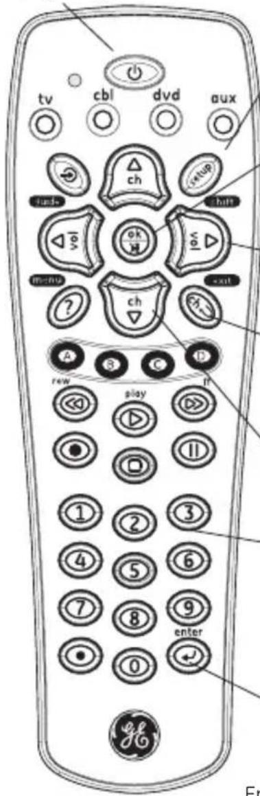 tv cbl dvd aux ch stop help ok exit menu ch A B C D rew play if ① ② ③ ④ ⑤ ⑥ ⑦ ⑧ ⑨ enter 0 E