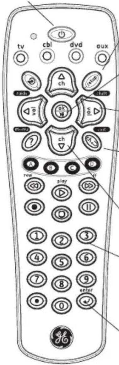 tv cbl dvd aux ch setup hook ok M exit menu ch A B C D rew play if ① ② ③ ④ ⑤ ⑥ ⑦ ⑧ ⑨ enter 0 ©