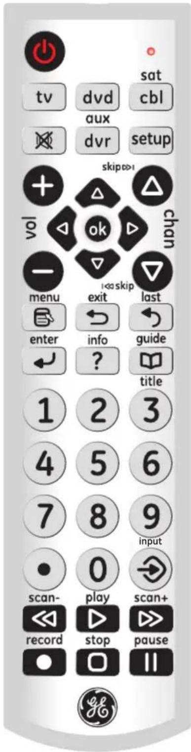 sat cbl tv dvd aux dvr setup skip>>1 vol ok chan menu exit last enter info guide ? title 1 2 3 4 5 6 7 8 9 input scan- play scan+ record stop pause □ □ ||