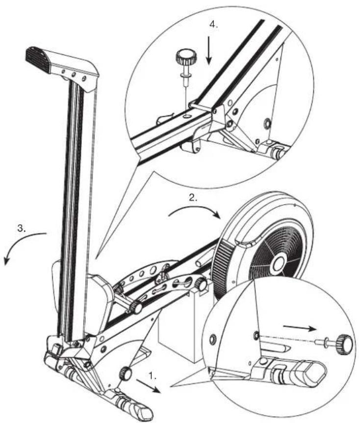 Technical diagram of a stationary exercise machine with labeled parts and motion arrows indicating assembly steps.