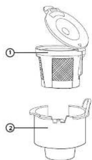 Technical diagram of a coffee maker with labeled parts, showing open lid and side view with internal structure.