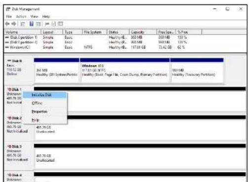 Disk Management File Action View Help Volume Layout Type File System Status Capacity FreeSpace % Pack Disk 1 partition 1 Static Basic Healthy (E): 300 MB 300 MB 100% Disk 2 partition 2 Static Basic Healthy (R): 300 MB 300 MB 100% Windows (C) Static Basic NTFS Healthy (F): 117.81 GB 72.42 GB 62 % Disk 1 Basic 117.81 GB Offline 360 MB Healthy (Off) System/Portfolio Windows (C) 117.81 GB NTFS Healthy (Boot, Page File, Crash Dump, Primary Partition) 300 MB Healthy (Discovery Partition) Disk 1 Unknown 400.75 GB Not Included Inclusive Disk Officer Properties Disk 2 Unknown 400.75 GB Not Included Disk 3 Unknown 400.75 GB Not Included Disk 4 Unknown
