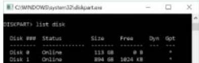 C:\WINDOWS\system32\diskpart.exe DISKPART> list disk Disk ### Status Size Free Dyn Gpt Disk 0 Online 113 GB 8 B * Disk 1 Online 894 GB 1024 KB *