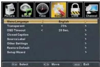 Picture Sound Time Setup Clock Channel Menu Language English Transparent 25% OSD Timeout 20 Sec. Closed Caption Source Label Other Settings Restore Default Setup Wizard Select Move Exit