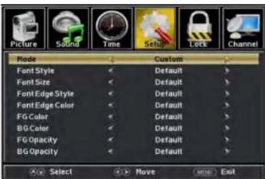Picture Sound Time Setup Lock Channel Mode Custom Font Style Default Font Size Default Font Edge Style Default Font Edge Color Default FG Color Default BG Color Default FG Opacity Default BG Opacity Default Select Move Enter Exit