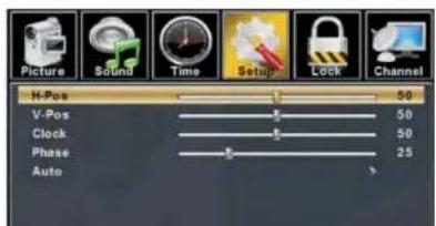 Picture Sound Time Setup Lock Channel H-Pos 50 V-Pos 50 Clock 50 Phase 25 Auto