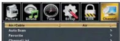 Picture Sound Time Setup Lock Channel Air/Cable Auto Scan Favorite ChannelList