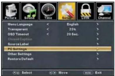 Picture Sound Time Setup Lock Channel Menu Language English Transparent 25% DSD Timeout 20 Sec. Closed Caption Source Label PC Settings Other Settings Restore Default Select Move Exit