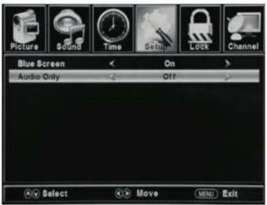 Picture Sound Time Setup Lock Channel Blue Screen On Audio Only Off Select Move MIME Exit