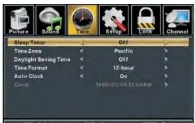 Picture Sound Time Setup Lock Channel Sleep Timer Off Time Zone Pacific Daylight Saving Time Off Time Format 12-hour Auto Clock On Clock 18:00:00 12:00:00 AM