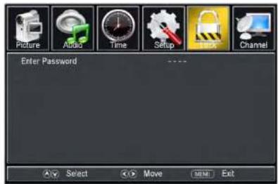 Picture Audio Time Setup Lock Channel Enter Password Select Move Exit