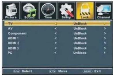 Picture Sound Time Setup Lock Channel TV UnBlock AV UnBlock Component UnBlock HDMI 1 UnBlock HDMI 2 UnBlock HDMI 3 UnBlock PC UnBlock Select Moves Menu Exit