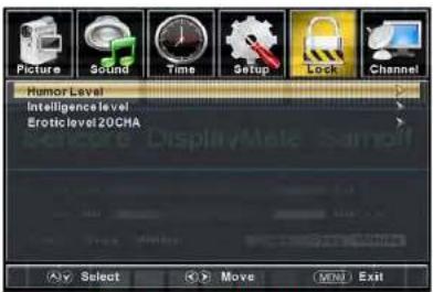 Picture Sound Time Setup Lock Channel Humor Level Intelligence level Erotic level 20CHA Select Move MENU Exit