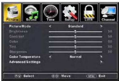 Picture Sound Time Setup Lock Channel Picture Mode Standard Brightness 50 Contrast 50 Color 50 Tint 50 Sharpness 50 Color Temperature Normal Advanced Settings Select Move Exit