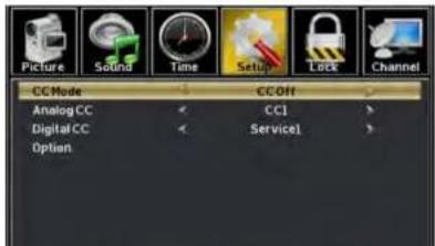 Picture Sound Time Setup Lock Channel CC Mode Analog CC Digital CC Option CC Off CCI Service1