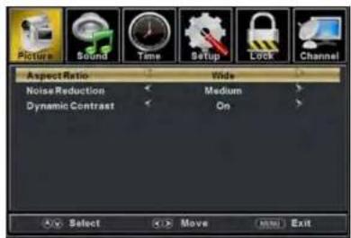 Picture Sound Time Setup Lock Channel Aspect Ratio Wide Noise Reduction Medium Dynamic Contrast On Select Move Exit