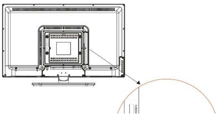 Technical diagram of a monitor mounted on a stand with labeled components and an arrow indicating assembly or measurement direction.