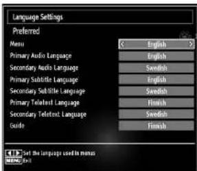 Language Settings Preferred Menu English Primary Audio Language English Secondary Audio Language Swedish Primary Subtitle Language English Secondary Subtitle Language Swedish Primary Teletext Language FlUSH Secondary Teletext Language Swedish Guide FlUSH C:\Set the language used to menus MENIEN.COM