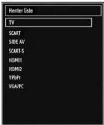 Hunter liste TV SCART SIDE AV SCART-S HDMI1 HDMI2 YPN/FI VGA/PC