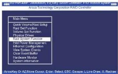Arisa Technology Corporation RAID Controller Main Menu Quick Volume/Load Setup Load Set Function Volume Sol Function Physical Drives Load System Function Hold Power Management Enhanced Security System View System Events Clear Event Buffer Hardware Monitor System information ArrowKey O: AZMove Cursor…