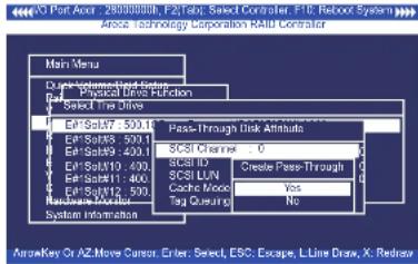 V20 Port: Acer 2800000000, F2 Tab; Select Controller. F10; Redoft System Areca Technology Corporation RAID Controller Main Menu D:\Project\AndAnder Physical Drive Function Pall Select The Drive Exit Sali7 - 500.0 PfSali9 - 500.0 PfSali10 - 500.0 PfSali11 - 500.0 PfSali12 - 500.0 Exit Sali13 - 500.0…