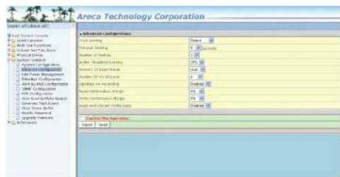 Screenshot of Areca Technology Corporation interface showing a hierarchical configuration panel with options for system settings and data transfer.
