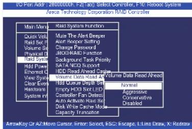 VC Port: Addr: 2000000CF, F21 Top Select Controller, F1C Reboot System Area Technology Corporation RAID Controller Main Menu Raid System Function Quick Exit Raid Set F Volume Set Physical T Hard System Hill Power Emulated Data View Style Clear Even Hardware System MR Make The Alert Deeper Alert Supp…
